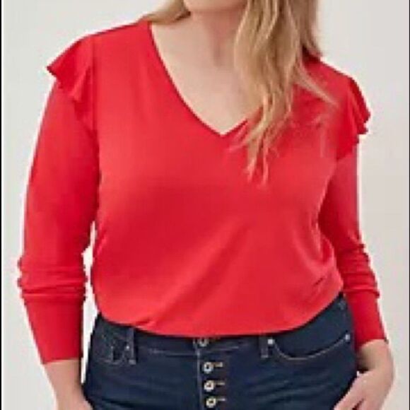 torrid Tops - NWT Torrid FRENCH TERRY V-NECK RUFFLE SHOULDER SWEATSHIRT 1x Red NWT